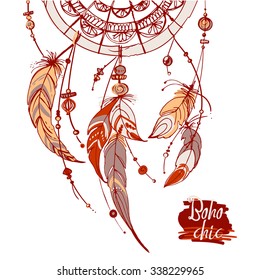 Dreamcatcher, Set of ornaments, feathers and beads. Native american indian dream catcher, traditional symbol. Feathers and beads on white background. Vector decorative elements hippie.