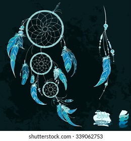 Dreamcatcher, Set of ornaments, feathers and beads. Native american indian dream catcher, traditional symbol. Feathers and beads on black background. Vector decorative elements hippie.