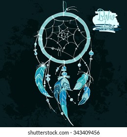 Dreamcatcher, Set of ornaments, feathers and beads. Native american indian dream catcher, traditional symbol. Feathers and beads on black background. Vector decorative elements hippie.