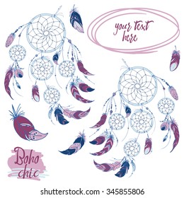 Dreamcatcher, Set of ornaments, feathers and beads. Native american indian dream catcher, traditional symbol. Feathers and beads on white background. Vector decorative elements hippie.