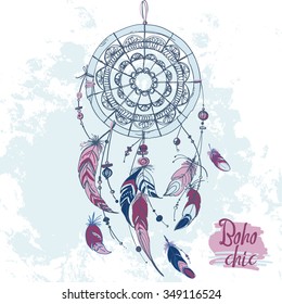 Dreamcatcher, Set of ornaments, feathers and beads. Native american indian dream catcher, traditional symbol. Feathers and beads on white background. Vector decorative elements hippie.