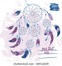 Dreamcatcher, Set of ornaments, feathers and beads. Native american indian dream catcher, traditional symbol. Feathers and beads on white background. Vector decorative elements hippie.
