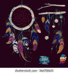 Dreamcatcher, Set of ornaments, feathers and beads. Native american indian dream catcher, traditional symbol. Feathers and beads on dark background. Vector decorative elements hippie.