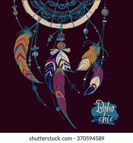 Dreamcatcher, Set of ornaments, feathers and beads. Native american indian dream catcher, traditional symbol. Feathers and beads on white background. Vector decorative elements hippie.