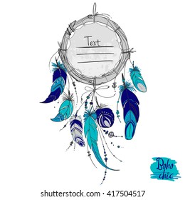 Dreamcatcher, Set of ornaments, feathers and beads. Native american indian dream catcher, traditional symbol. Feathers and beads on white background. Vector decorative elements hippie.