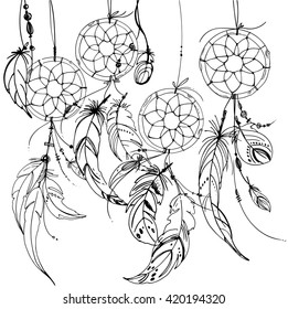 Dreamcatcher, Set of ornaments, feathers and beads. Native american indian dream catcher, traditional symbol. Feathers and beads on white background. Vector decorative elements hippie.