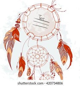 Dreamcatcher, Set of ornaments, feathers and beads. Native american indian dream catcher, traditional symbol. Feathers and beads on white background. Vector decorative elements hippie.