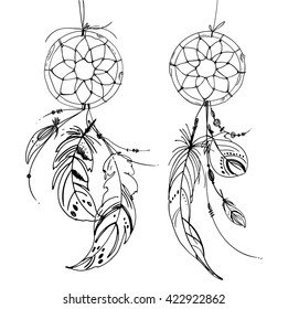Dreamcatcher, Set of ornaments, feathers and beads. Native american indian dream catcher, traditional symbol. Feathers and beads on white background. Vector decorative elements hippie.