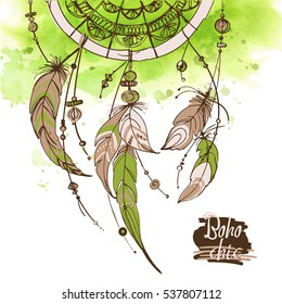 Dreamcatcher. Set of ornaments, feathers and beads. Native american indian dream catcher, traditional symbol. Feathers and beads on watercolor background. Green color