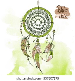 Dreamcatcher. Set of ornaments, feathers and beads. Native american indian dream catcher, traditional symbol. Feathers and beads on watercolor background. Green color