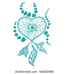 Dreamcatcher in the shape of a heart with a feather hand-drawn for Valentine's Day