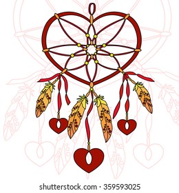 Dreamcatcher shape of a heart with feathers