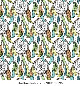 Dreamcatcher sketch seamless pattern . Hand drawn vector illustration.