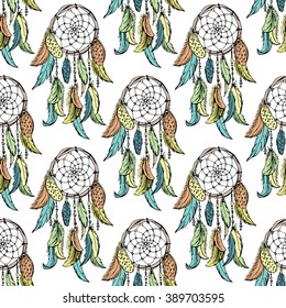 Dreamcatcher sketch seamless pattern . Hand drawn vector illustration.