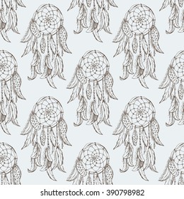 Dreamcatcher sketch seamless pattern . Hand drawn vector illustration.