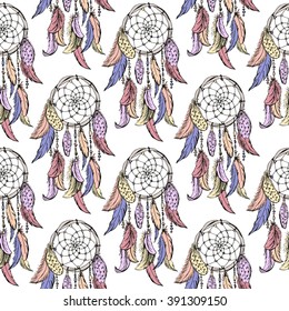 Dreamcatcher sketch seamless pattern . Hand drawn vector illustration.