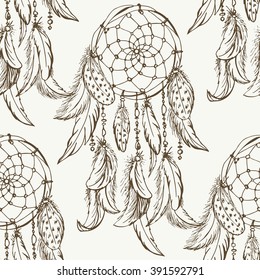 Dreamcatcher sketch seamless pattern . Hand drawn vector illustration.
