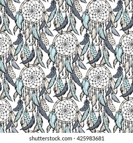Dreamcatcher sketch seamless pattern . Hand drawn vector illustration.