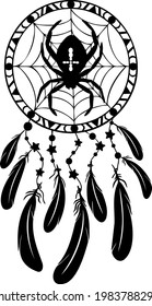 Dreamcatcher with spider and feathers. Design element, print.