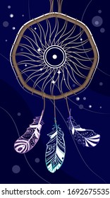 Dreamcatcher in the starry sky, Sun and feathers in the esoteric symbol, shamanistic attributes, abstract image of the solar disk in the Universe, cosmic linear drawing of the Dreamcatcher
