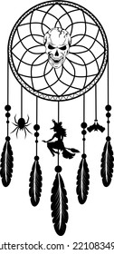 Dreamcatcher with threads, beads and feathers. Halloween. Witch. Native American symbol in boho style.