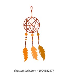 Dreamcatcher con tres plumas. Amuleto protector contra insomnio y pesadillas. Ilustración vectorial colorida aislada en colores boho, símbolo étnico. Icono dibujado a mano