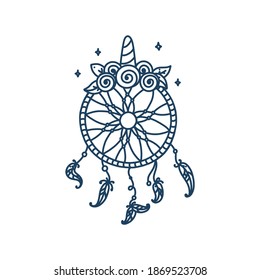 Dreamcatcher unicorn with flowers and ears. Horny girly dreamcatcher with rose wreath. Vector illustration in doodle style