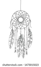 Dreamcatcher vector drawing outlined over white background