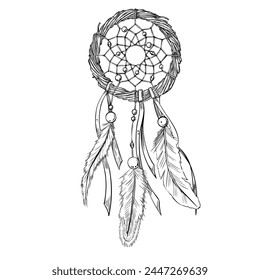 Dreamcatcher vector illustration. Dream Catcher or hunter painted by black inks. Hand drawn sketch of vintage sleep amulet with feathers. Drawing in boho style for greeting cards and prints.