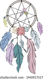 Dreamcatcher, vector illustration, feathers fluttering in the wind, protective talisman, barrier to bad dreams, wicker illustration, shamanic amulet,
