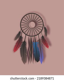 Dreamcatcher vector illustration. Folklore, mystical, magical, sacred amulet.Tribal, ethnic element of protection in a dream.Feathers and threads.