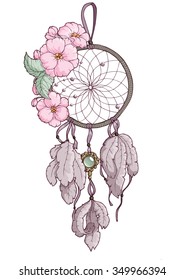 Dreamcatcher. Vector illustration. Line-art style. Graphic art. Pattern for t-shirt prints, flyers, invitations, card, banners, tattoo.