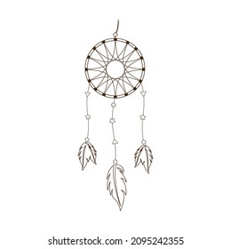 Dreamcatcher. Vector illustration of a dreamcatcher with threads and beads, ethnic mascot template with feathers on a white background.