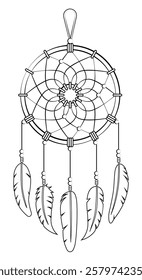 Dreamcatcher. Vector illustration of dreamcatcher with threads and beads, ethnic talisman template with fans on the background. Coloring page.