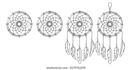 Dreamcatcher. Vector illustration of dreamcatcher with threads and beads, ethnic talisman template with fans on the background. Coloring page.