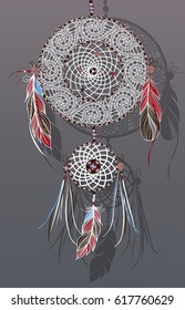 Dreamcatcher, vector illustration. Tribal symbol with feathers.