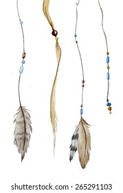 Dreamcatcher, watercolor, vector, feathers, boho style, ethnic, bead, ribbon