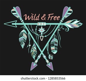 Dreamcatcher. Wild and free. Typographic design and dreamcatcher in pastel colors on a black background. 