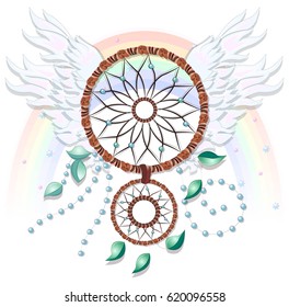 Dreamcatcher with wings and beads and leaves. Boho - chic style.