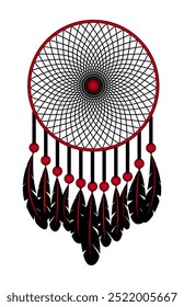 Dreamcatcher woven in a circle with feathers in red and black tones