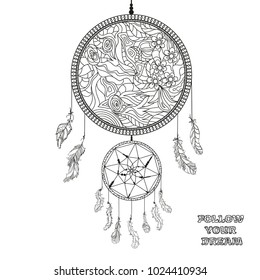 Dreamcatcher. Zentangle. Feathers. Abstract mystic symbol. Native Americans symbo. Zen art. Design for spiritual relaxation for adults. Line art creation. Black and white illustration for coloring