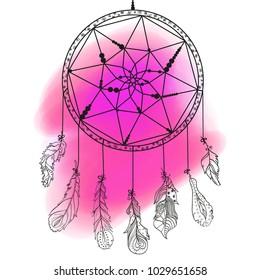 Dreamcatcher. Zentangle. Feathers. Abstract mystic symbol. American indians symbol. Zen art. Design for spiritual relaxation for adults. Watercolor spot. Colored aquarelle blotch. Bright stain
