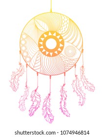 Dreamcatcher. Zentangle. Feathers. Abstract mystic symbol. American indians symbol. Zen art. Design for spiritual relaxation for adults. Line art creation