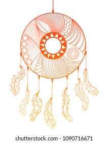 Dreamcatcher. Zentangle. Feathers. Abstract mystic symbol. American indians symbol. Zen art. Line art creation