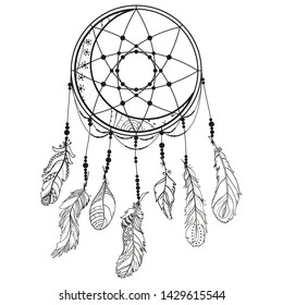 Dreamcatcher. Zentangle. Feathers. Abstract mystic symbol. American indians symbol. Zen art. Design for spiritual relaxation for adults. Line art creation. Black and white illustration for coloring