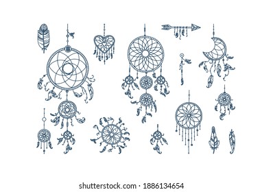 Dreamcatchers with feathers and arrows. Set of mystic dreamcatchers and feathers. Vector illustration in doodle style