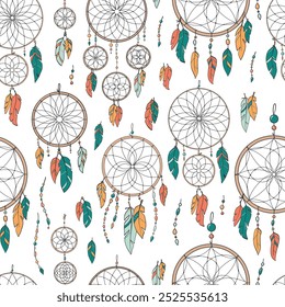 Dreamcatchers and feathers seamless pattern for wallpaper, wrapping paper, textile prints, scrapbooking, stationery, digital paper, etc. EPS 10
