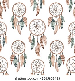 Dreamcatchers repeating design with hanging feathers in soft, natural tones of beige, green, and brown. Vector seamless pattern perfect for bohemian designs, fabric prints.