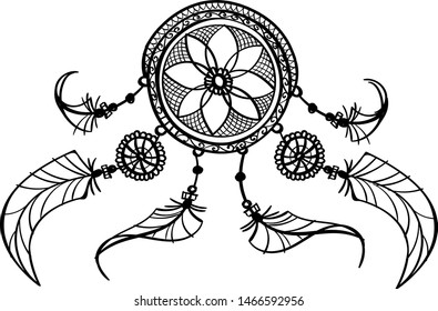 dreamcather tattoo coloring mehndi design with feathers . black doodle hand drawn contour outline isolated on white . vector ornament illustration