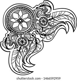 dreamcather tattoo coloring mehndi design with feathers . black doodle hand drawn contour outline isolated on white . vector ornament illustration